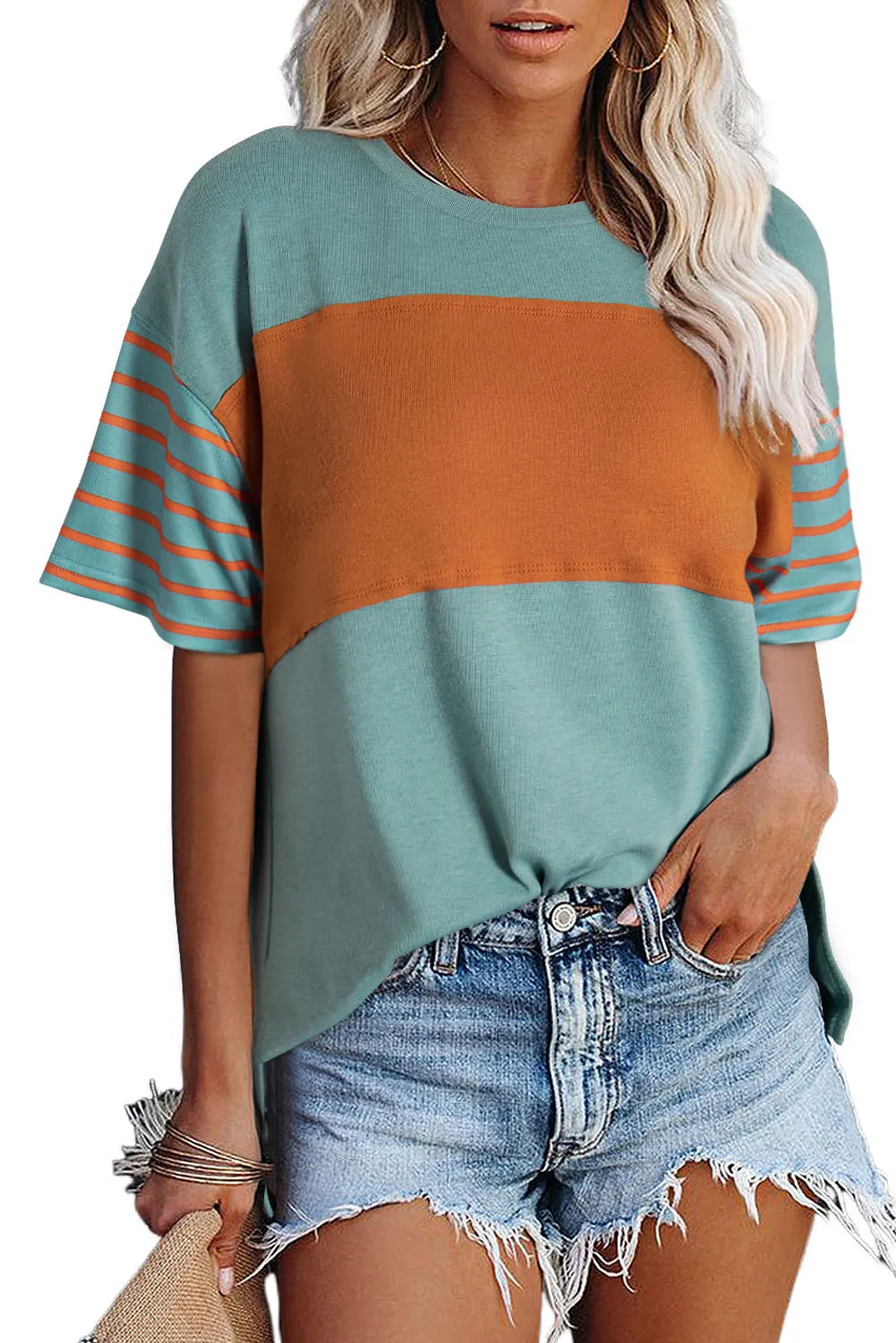 Womens Casual Short Sleeve Shirts Loose Crewneck Color Block Tshirts Tops