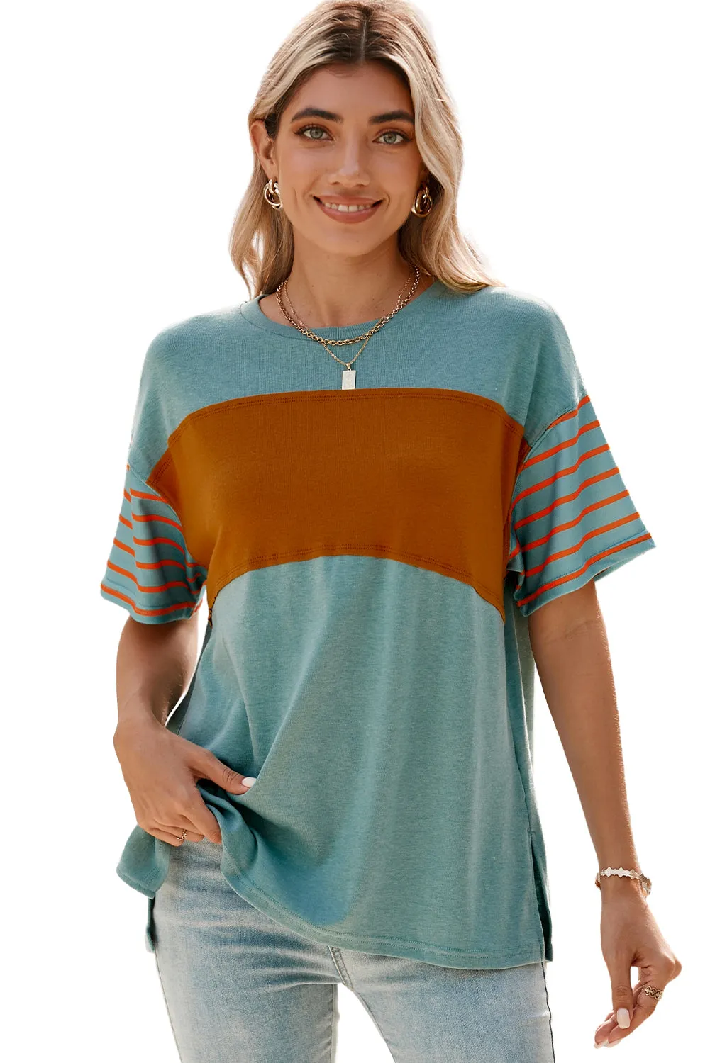 Womens Casual Short Sleeve Shirts Loose Crewneck Color Block Tshirts Tops